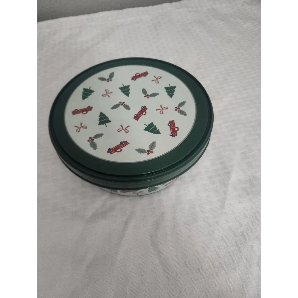 Christmas Holiday Cookie Tin Red Truck Evergreen Tree Round Green Plastic